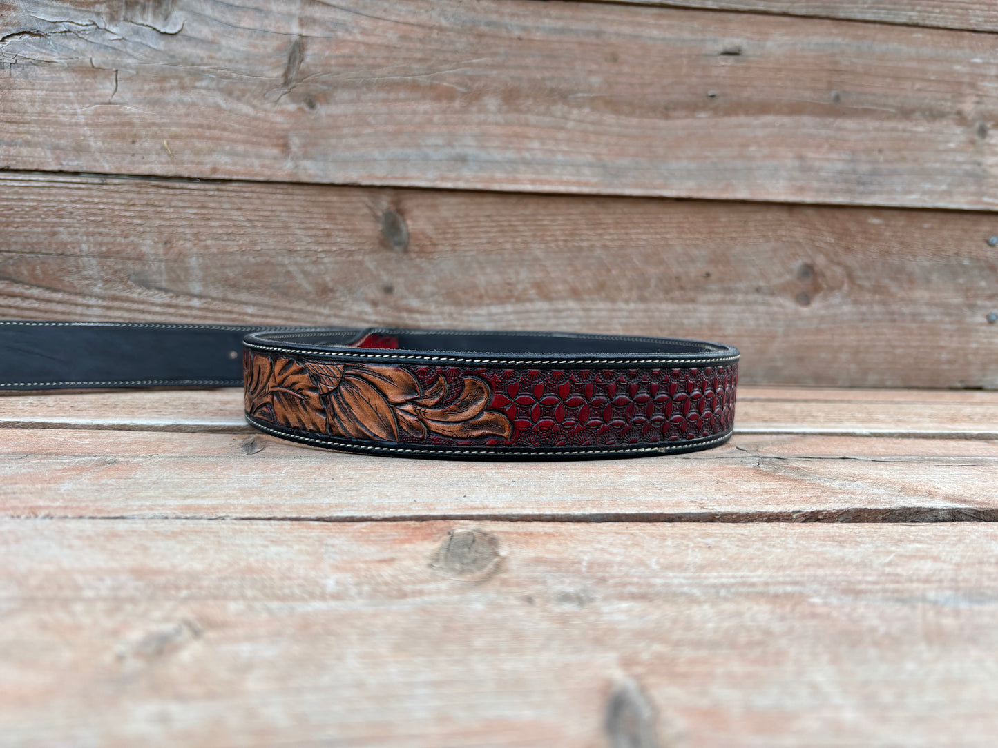 Tooled Belt With Red Back