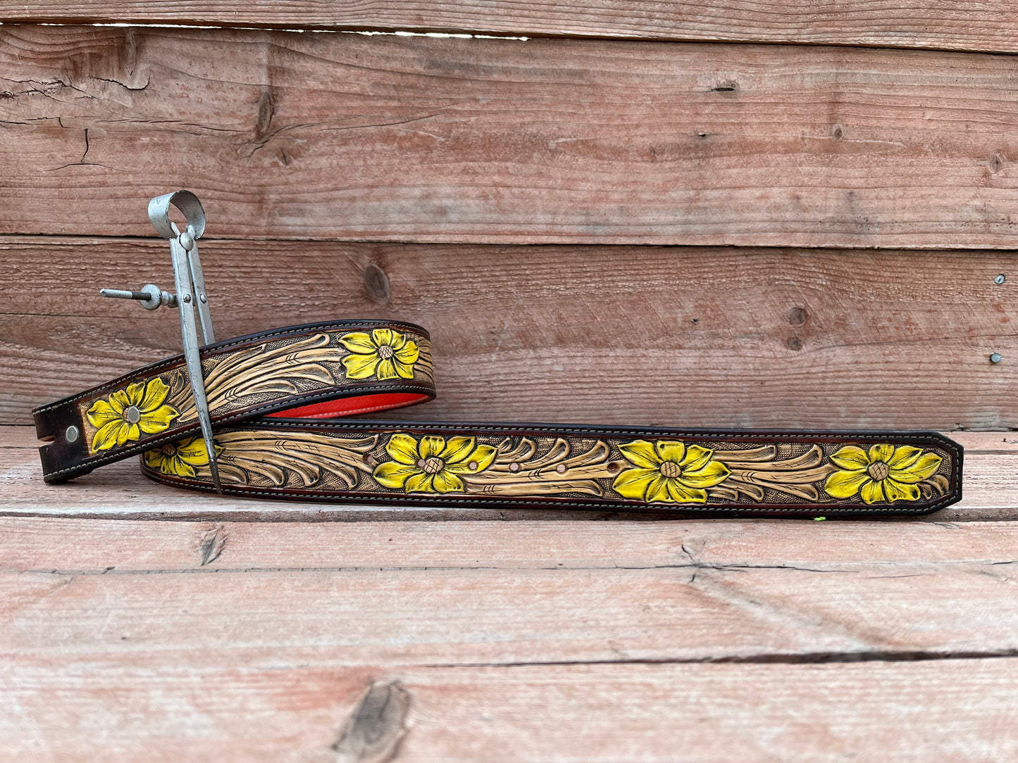 Tooled Belt with Yellow Flowers