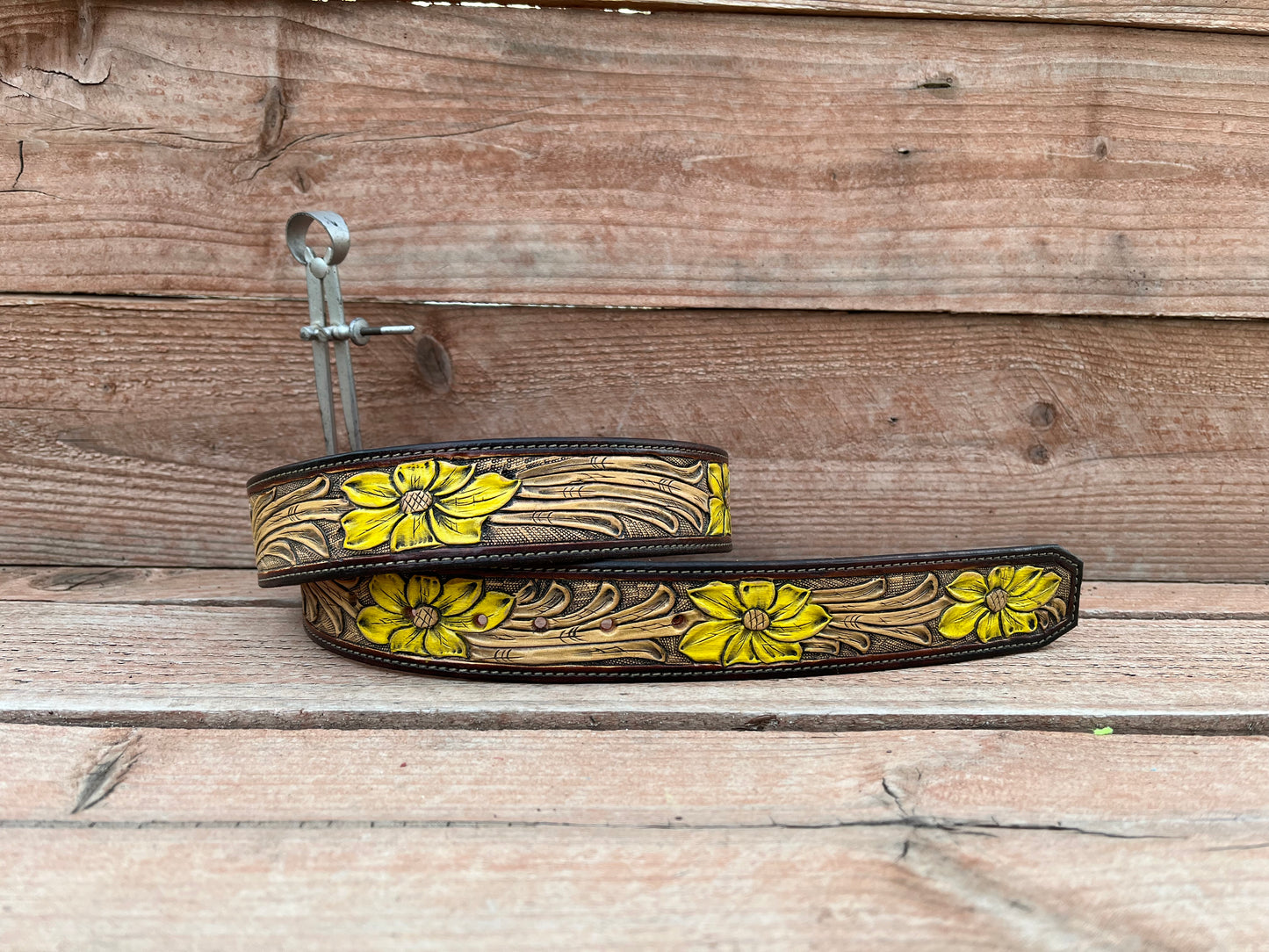 Tooled Belt with Yellow Flowers